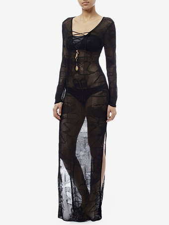 女性カバーアップブラックカットアウトVネックロングスリーブハイスリットサマービーチ水着