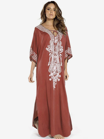 ブリックレッドレディース カバーアップ ダークネイビー カラーブロック 刺繍 Vネック ハーフスリーブ オーバーサイズ 夏 セクシー 水着