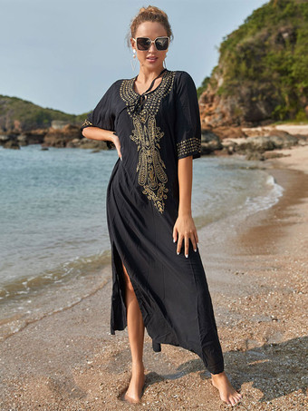 レディース カバーアップ ダークネイビー カラーブロック 刺繍 Vネック ハーフスリーブ オーバーサイズ 夏 セクシー 水着