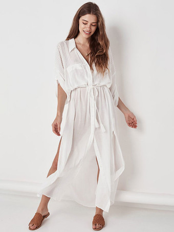 女性カバーアップホワイトレースアップ V ネック 3/4 長さの袖特大の夏のセクシーな水着