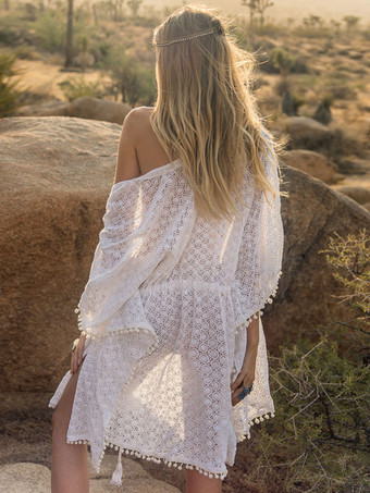 女性カバーアップホワイトポンポン V ネック 7/4 長さの袖薄手の夏のセクシーな水着