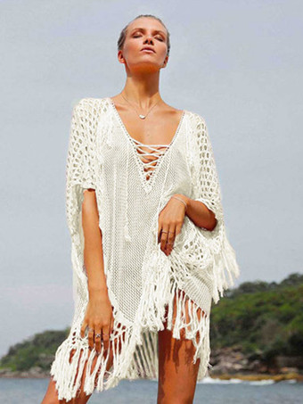 女性カバーアップホワイトフリンジ V ネックハーフスリーブ特大アクリル夏セクシーな水着