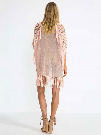 女性カバーアップホワイトフリンジ V ネックハーフスリーブ特大アクリル夏セクシーな水着