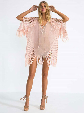 女性カバーアップホワイトフリンジ V ネックハーフスリーブ特大アクリル夏セクシーな水着