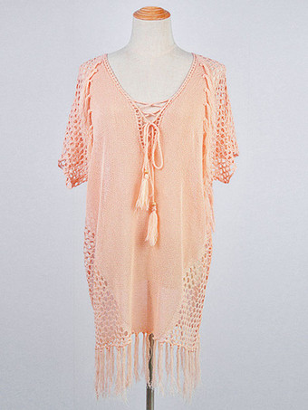 女性カバーアップホワイトフリンジ V ネックハーフスリーブ特大アクリル夏セクシーな水着