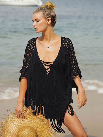 ブラック 女性カバーアップホワイトフリンジ V ネックハーフスリーブ特大アクリル夏セクシーな水着