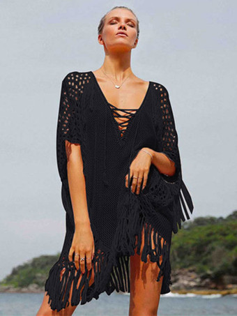 女性カバーアップホワイトフリンジ V ネックハーフスリーブ特大アクリル夏セクシーな水着