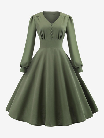 ヴィンテージドレス　1950年代オードリー・ヘップバーン風　Vネック　長袖　二次会　お呼ばれ　発表会　ミディアムスイングドレス