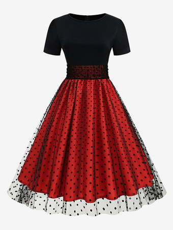 レッド レトロワンピース　1950年代オードリー・ヘップバーン風　ジュエルネック　半袖　ミディアム　水玉　二次会　お呼ばれ　発表会　ロカビリーワンピース