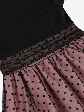 レトロワンピース　1950年代オードリー・ヘップバーン風　ジュエルネック　半袖　ミディアム　水玉　二次会　お呼ばれ　発表会　ロカビリーワンピース