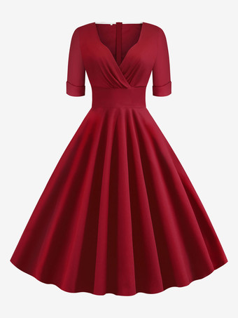 ヴィンテージドレス　1950年代オードリー・ヘップバーン風　赤　半袖　スイートハートネック　二次会　お呼ばれ　発表会　ロカビリーワンピース