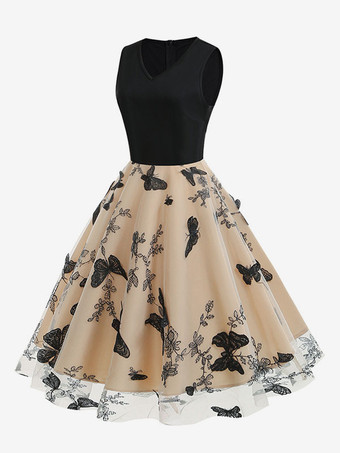 レトロワンピース　1950年代オードリー・ヘップバーン風　黒　ツートン　刺繍ノースリーブ　Vネック　二次会　お呼ばれ　発表会　ロカビリーワンピース