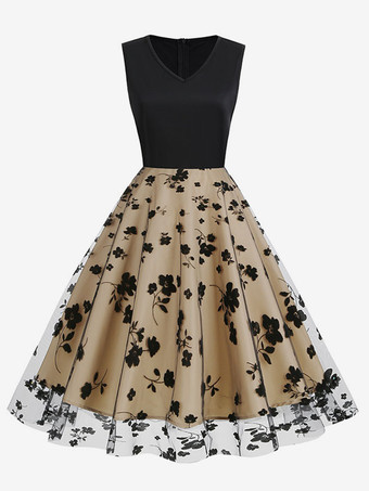 アプリコットレトロワンピース　1950年代オードリー・ヘップバーン風　黒　ツートン　刺繍ノースリーブ　Vネック　二次会　お呼ばれ　発表会　ロカビリーワンピース