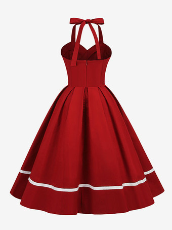 レトロワンピース　1950年代オードリー・ヘップバーン風　バーガンディ　ノースリーブ　スイートハートネック　二次会　お呼ばれ　発表会　スイングドレス