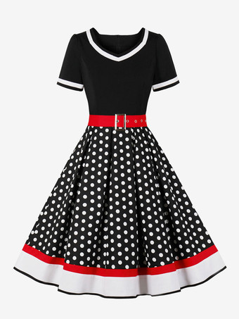 ブラック レトロワンピース　1950年代オードリー・ヘップバーン風　グリーン　花柄　サッシュ　半袖　Vネック　二次会　お呼ばれ　発表会　スウィングワンピース