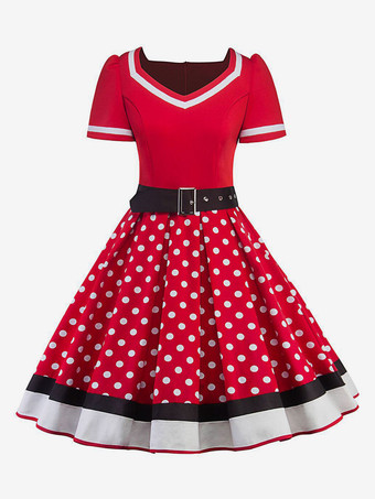 レッドレトロワンピース　1950年代オードリー・ヘップバーン風　グリーン　花柄　サッシュ　半袖　Vネック　二次会　お呼ばれ　発表会　スウィングワンピース