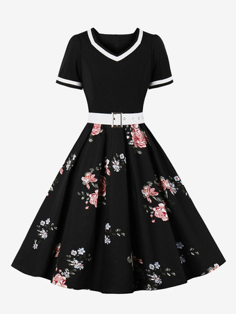 ブラックシルバーレトロワンピース　1950年代オードリー・ヘップバーン風　グリーン　花柄　サッシュ　半袖　Vネック　二次会　お呼ばれ　発表会　スウィングワンピース