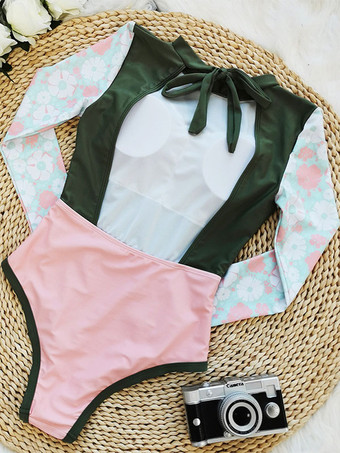 女性のためのワンピース水着グリーンフローラルプリントレースアップジュエルネック背中の開いた夏のセクシーな水着