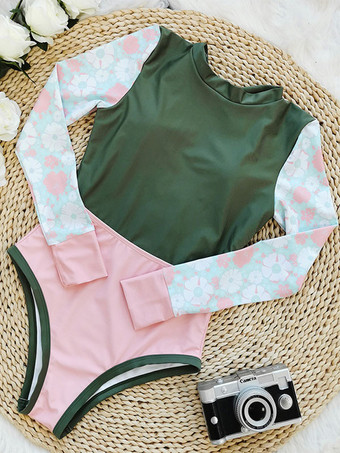 女性のためのワンピース水着グリーンフローラルプリントレースアップジュエルネック背中の開いた夏のセクシーな水着