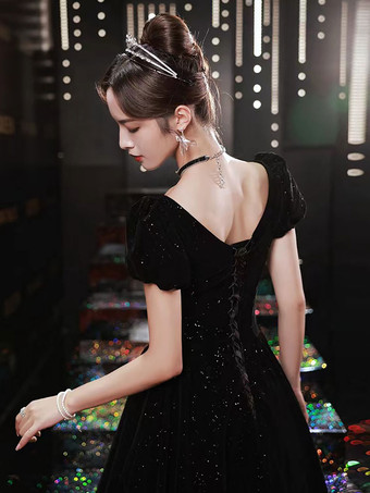 イブニングドレスA ラインバトーネック床長さ半袖レースアップベロアフォーマルパーティードレス無料カスタマイズ