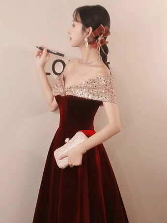 イブニングドレスA ラインバトーネックベロア床長さクロス社交パーティードレス無料カスタマイズ