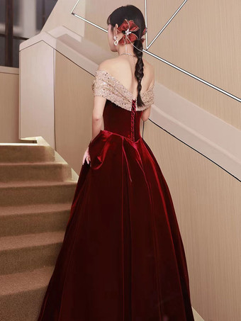 イブニングドレスA ラインバトーネックベロア床長さクロス社交パーティードレス無料カスタマイズ