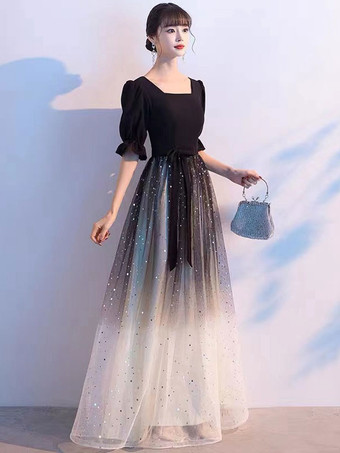 イブニングドレスA ラインスクエアネックチュール床長さのサッシュフォーマルパーティードレス無料カスタマイズ