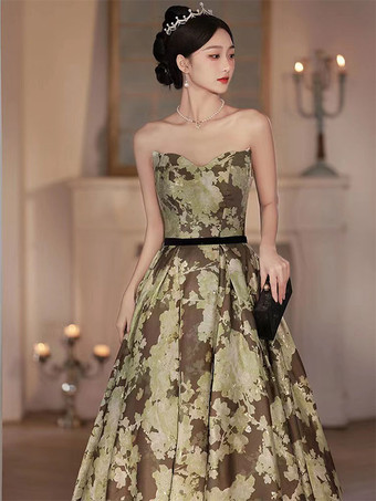 イブニングドレスA ラインストラップレスマットサテン床長さのサッシュ社交パーティードレス無料カスタマイズ