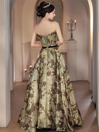 イブニングドレスA ラインストラップレスマットサテン床長さのサッシュ社交パーティードレス無料カスタマイズ