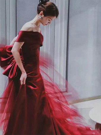 イブニングドレスA ラインバトーネックトレーン半袖レースアップ弓マットサテンフォーマルディナードレス無料カスタマイズ