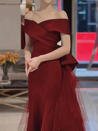 イブニングドレスA ラインバトーネックトレーン半袖レースアップ弓マットサテンフォーマルディナードレス無料カスタマイズ