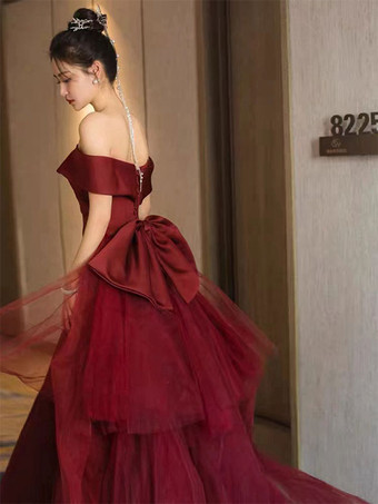 イブニングドレスA ラインバトーネックトレーン半袖レースアップ弓マットサテンフォーマルディナードレス無料カスタマイズ