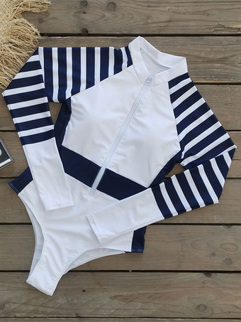 女性ワンピース水着ホワイトストライプジッパーハイカラーレイヤード夏セクシー水着