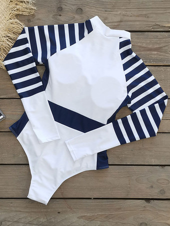 女性ワンピース水着ホワイトストライプジッパーハイカラーレイヤード夏セクシー水着