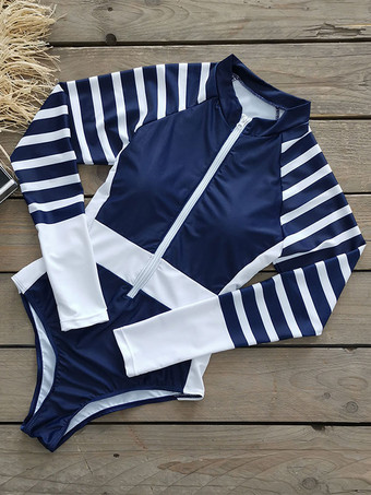 女性ワンピース水着ホワイトストライプジッパーハイカラーレイヤード夏セクシー水着