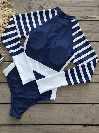 女性ワンピース水着ホワイトストライプジッパーハイカラーレイヤード夏セクシー水着