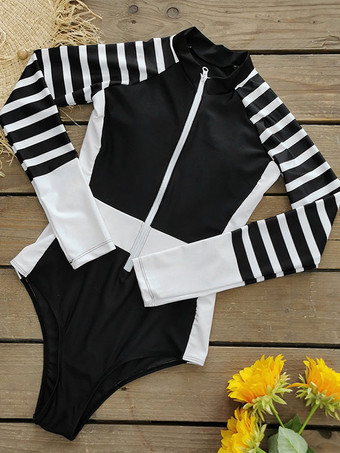 女性ワンピース水着ホワイトストライプジッパーハイカラーレイヤード夏セクシー水着