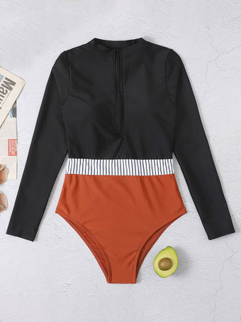 女性のためのワンピース水着ブラックストライプジッパーハイカラーレイヤード夏セクシー水着