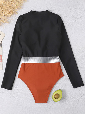 女性のためのワンピース水着ブラックストライプジッパーハイカラーレイヤード夏セクシー水着