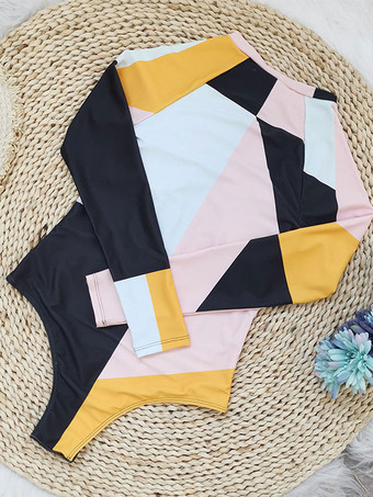 女性ワンピース水着ブラックカラーブロックジッパージュエルネックレイヤードサマービーチ水着