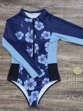 女性のためのワンピース水着ブルーフローラルプリントジッパージュエルネック夏のセクシーな水着