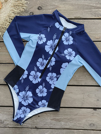 女性のためのワンピース水着ブルーフローラルプリントジッパージュエルネック夏のセクシーな水着