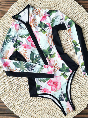 女性ワンピース水着ホワイトフローラルプリントジッパージュエルネック夏セクシー水着