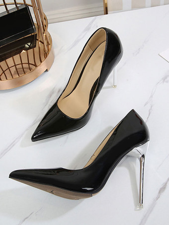 ブラック 女性用 ヒール スリッポン ポインテッドトゥ パンプス スティレットヒール PUレザー