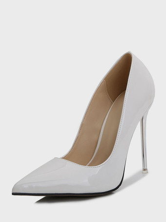 ホワイト 女性用 ヒール スリッポン ポインテッドトゥ パンプス スティレットヒール PUレザー