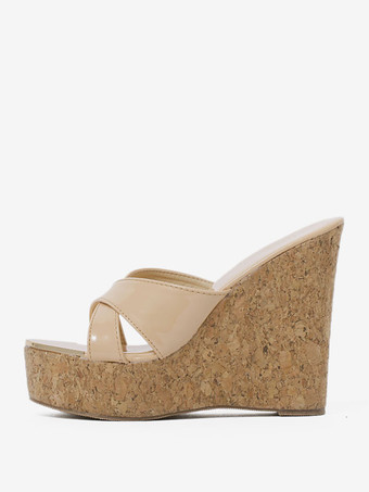 レディース ウェッジ サンダル カクテル メタル ディテール パテント レザー ピープトウ サンダル