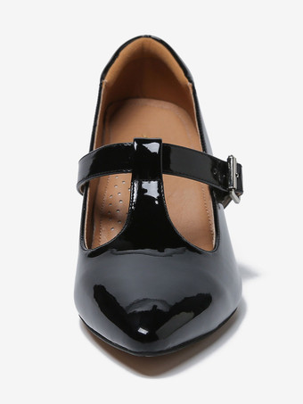 メリージェーンズ パンプス レッド ポインテッドトゥ レザー スティレットヒール 子猫ヒール パンプス