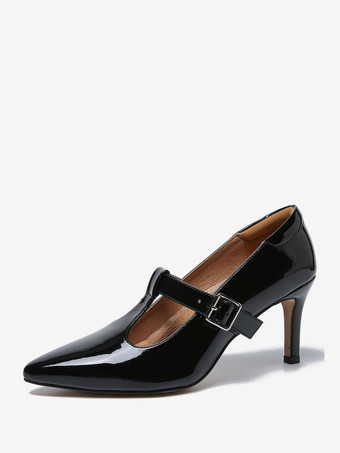 メリージェーンズ パンプス レッド ポインテッドトゥ レザー スティレットヒール 子猫ヒール パンプス