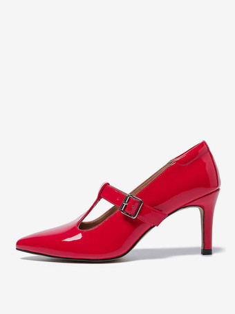 メリージェーンズ パンプス レッド ポインテッドトゥ レザー スティレットヒール 子猫ヒール パンプス