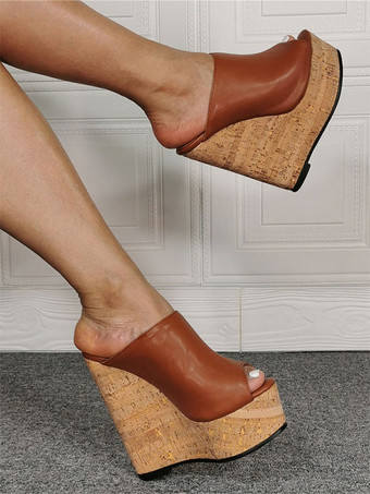 レディース ブラック ピープトウ PU レザー ウェッジ ミュール